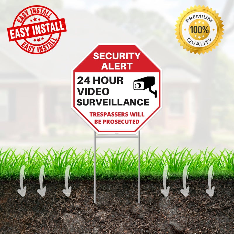 Venicor 2PC 24 Hour Video Surveillance Sign with Stakes, 12"x12" - Corrugated Plastic - No Trespassing Signs for Home Outdoor Yard - Private Property Security Camera Alert Warning - Image 5